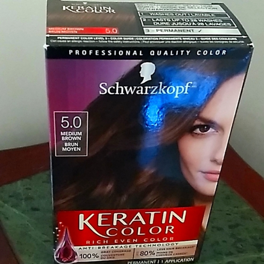 Schwarzkopf keratin hair color in medium brown.  Great gray coverage.